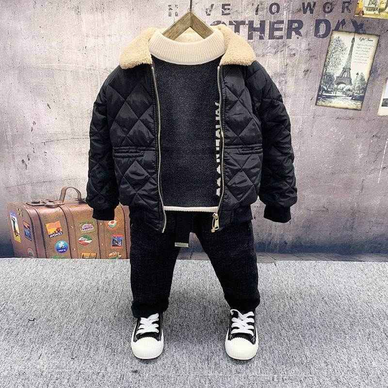 Boys fleece cotton sweater jeans suit for colder seasons, stylish and cozy outfit.