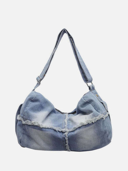 Large denim raw hem gradient crossbody bag for women.