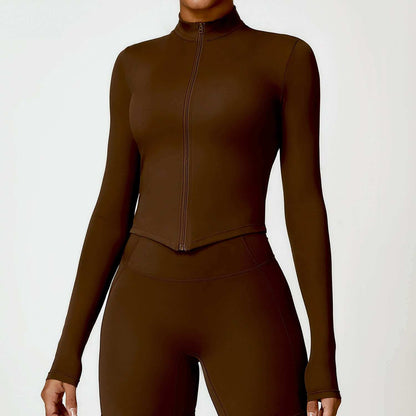 Women's brown tight long sleeve yoga wear, high-quality nylon, front view.