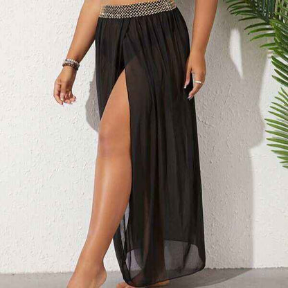 Plus size breathable mesh split beach skirt in solid color, XL-5XL, polyester-spandex material.