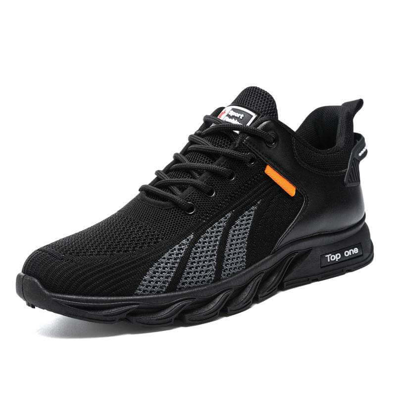 Men's mesh sneakers, black color-block design, lace-up, lightweight, breathable sports shoes.