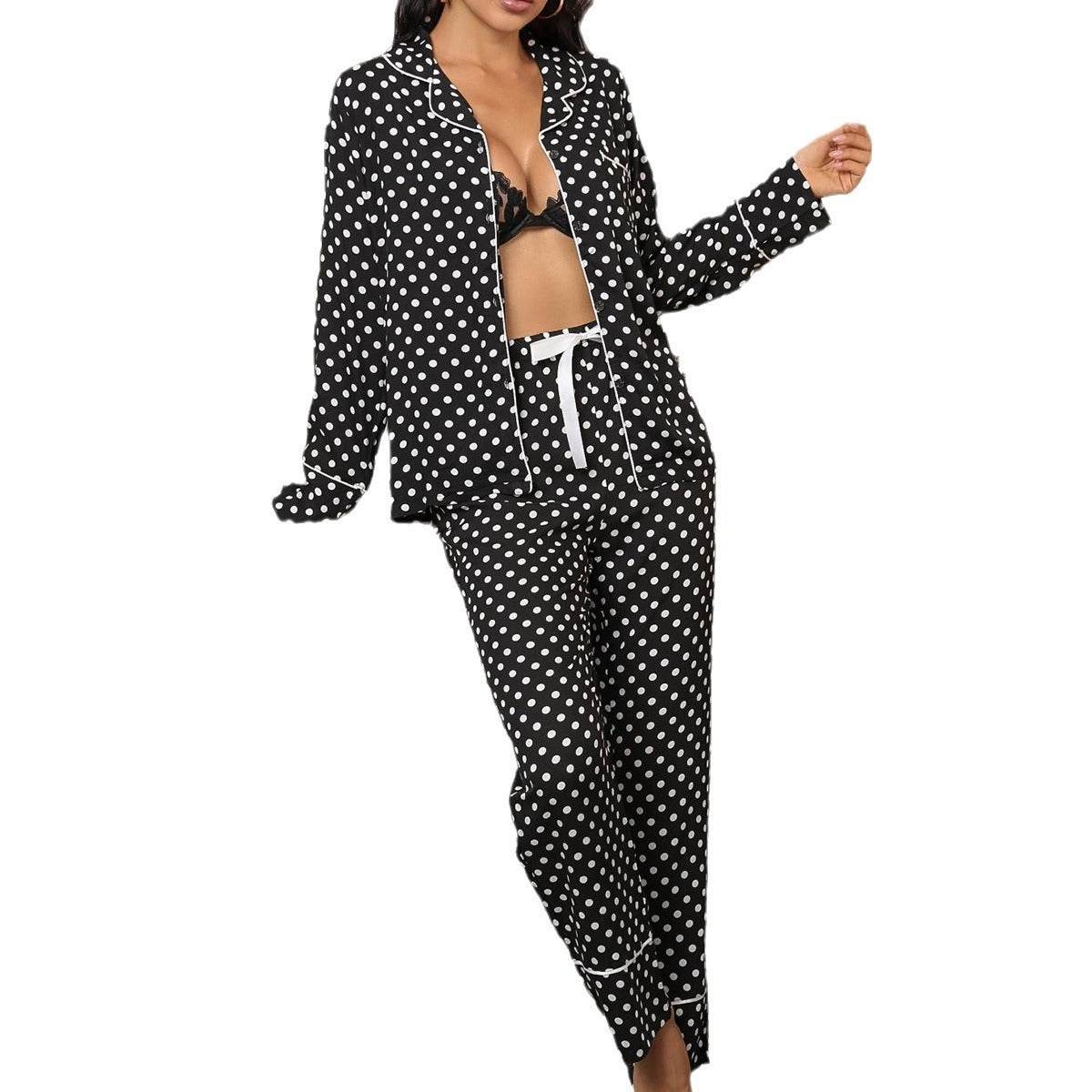 Ladies' Polka Dot Printed Long-sleeved Two-piece Pajamas SetUpgrade your sleepwear with our Ladies' Polka Dot Printed Pajamas Set. The long-sleeved top and matching bottoms feature a playful polka dot print for a touch of funPajamasPlush Fashions ShopPlush Fashion ShopLadies' Polka Dot Printed Long-sleeved