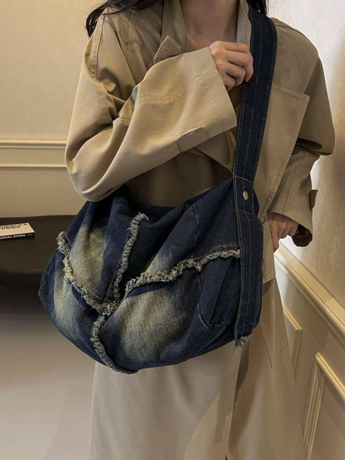 Raw Hem Gradient Crossbody Bag for women in high-quality denim with spacious interior.