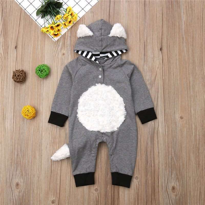 Winter Halloween jumpsuit for infants, gray with cozy fabric, featuring a hood and cute tail.