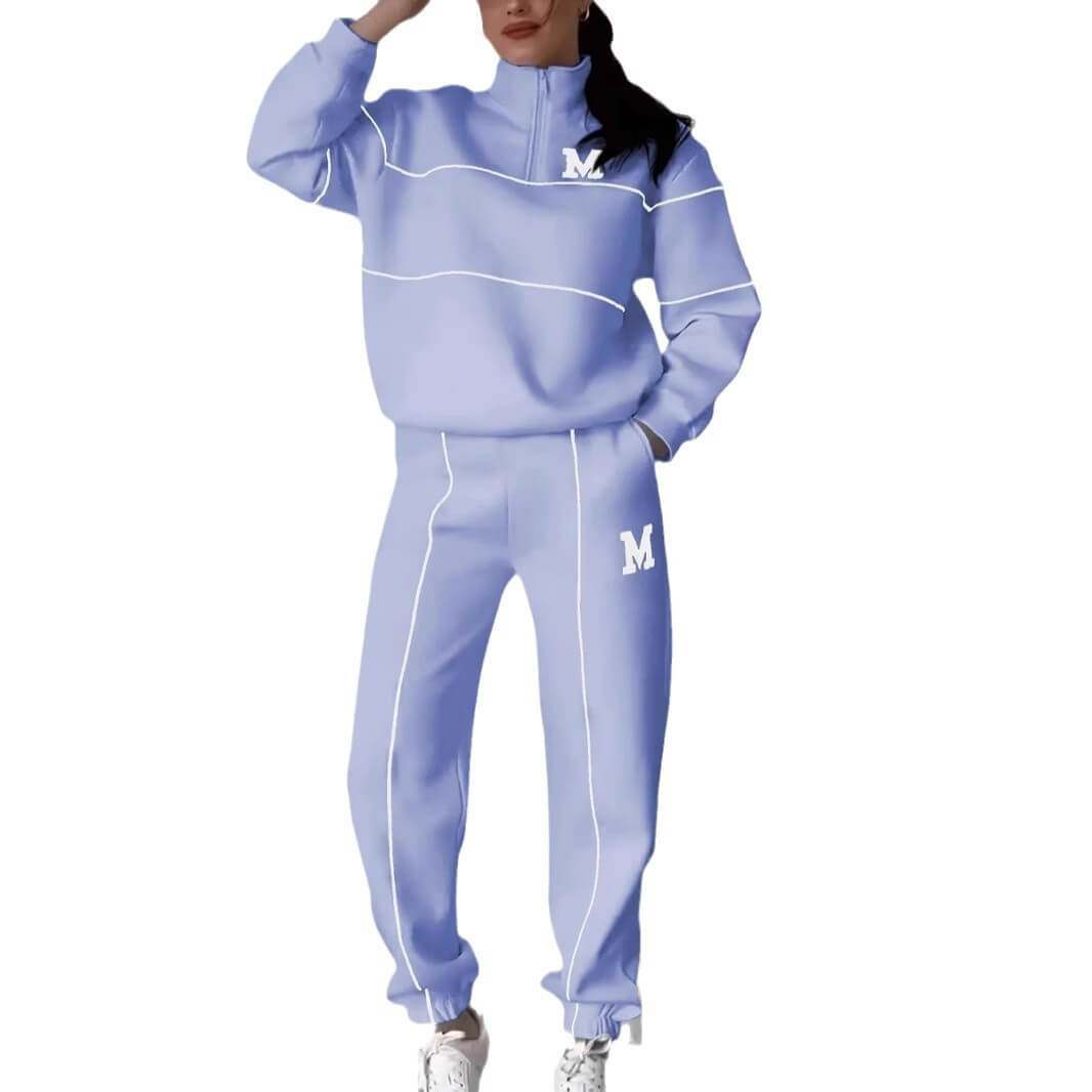 Women's fashion lounge hoodless pullover sweatsuit set with pockets in stylish stripes and high-quality polyester.