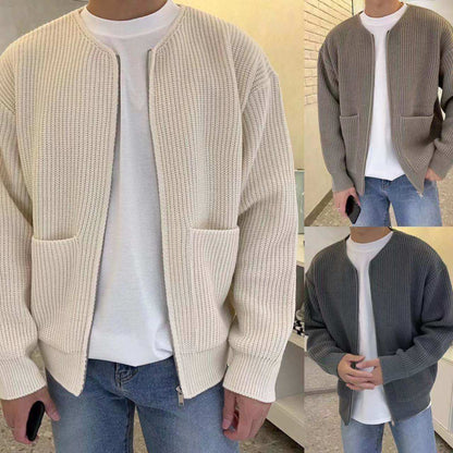 Men's zip-up knitted funnel neck sweaters in cream, brown, and charcoal gray.