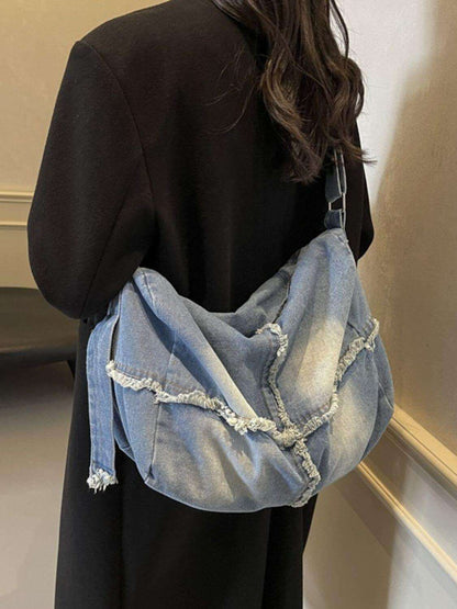 Raw Hem Gradient Crossbody Bag for women with high-quality denim and spacious interior.