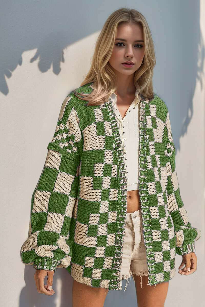 Full size open front checkered drop shoulder cardigan in green and cream.