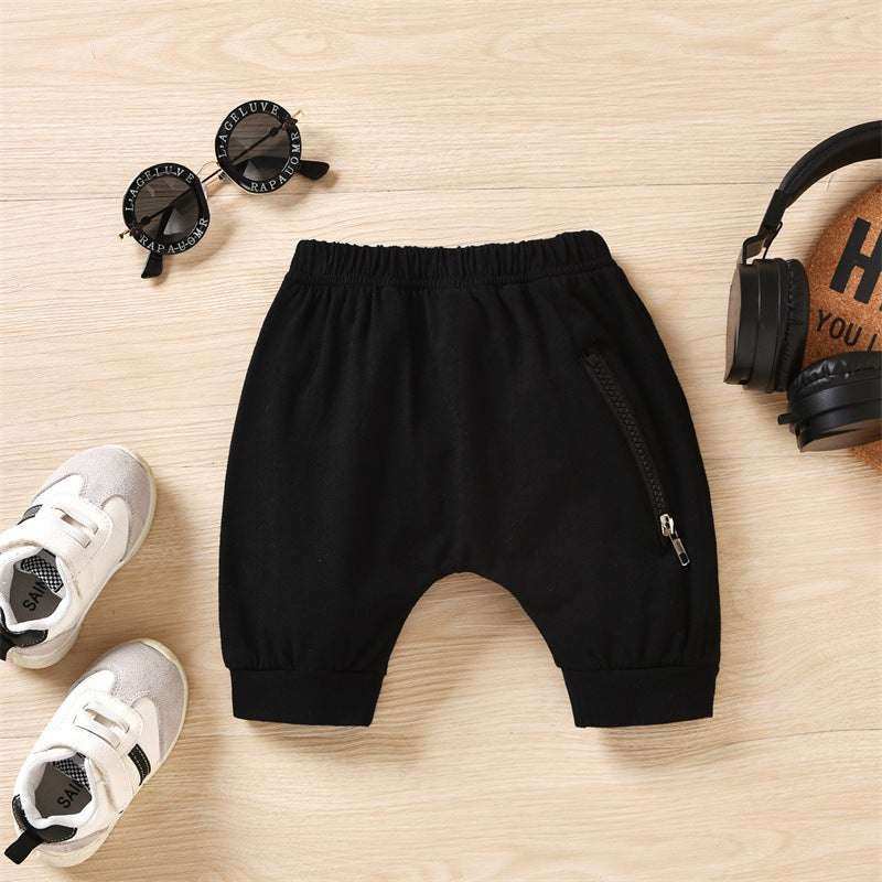 Boys' hooded striped tank top and pants set with shorts, black color, cotton fabric, styled for comfort and fashion.