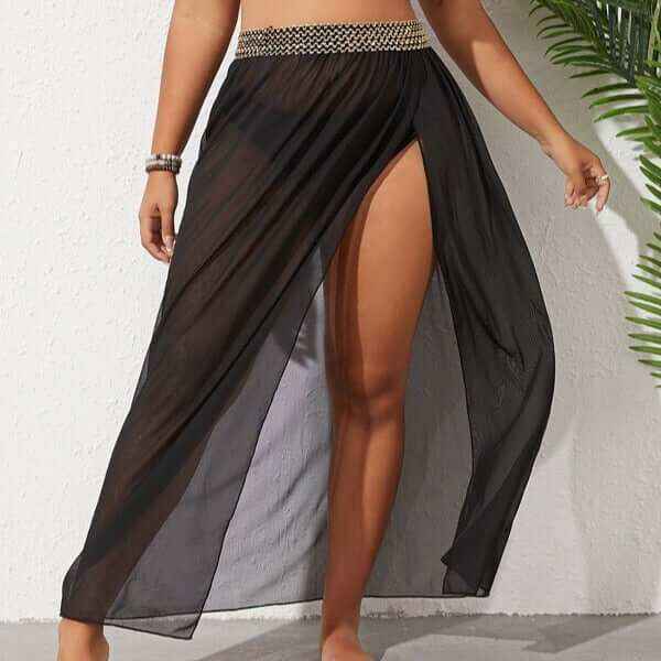 Women's plus size breathable mesh split beach skirt in solid color, perfect for beachwear, available in sizes XL-5XL.