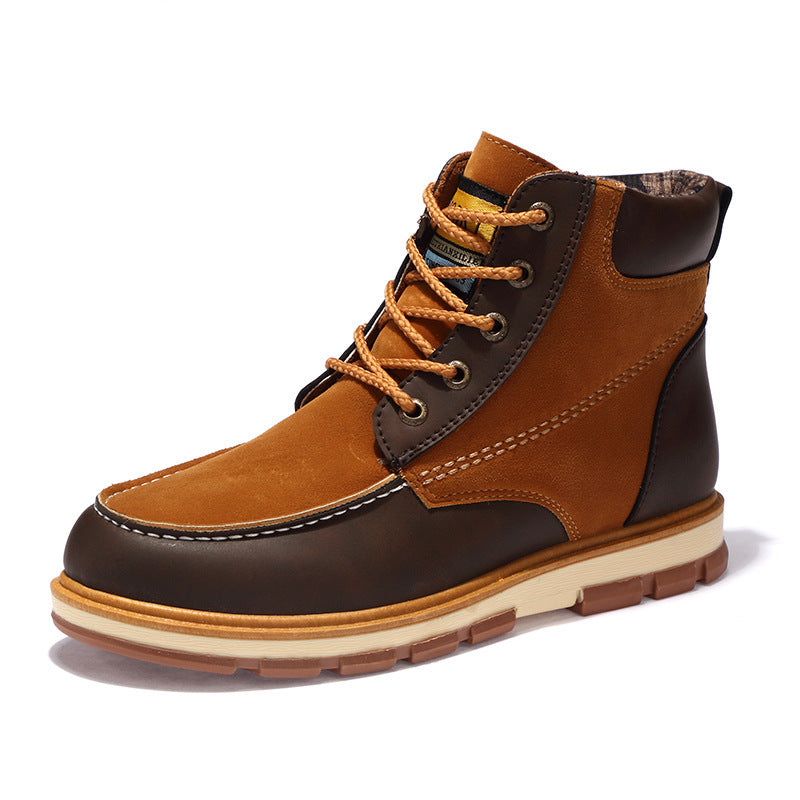 Fashion military high-top short boots for men with flat heel and car suture detailing.