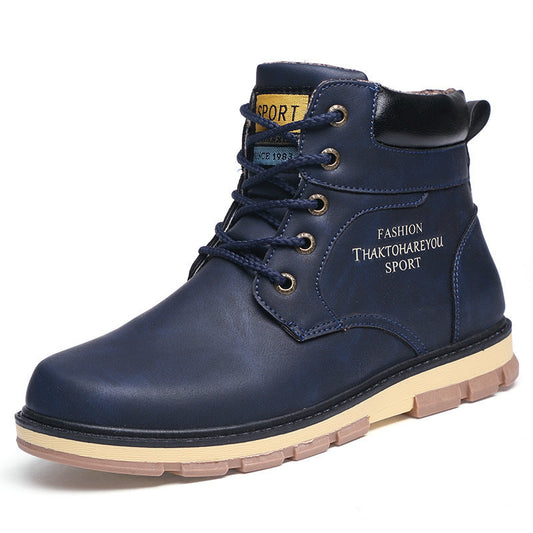 Stylish high-top fashion military boots in navy blue with durable construction, perfect for winter adventures and outdoor wear.