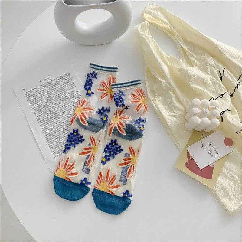 Retro Personality Breathable Glass Silk Bright Color Socks with fun dot pattern and eye-catching colors.