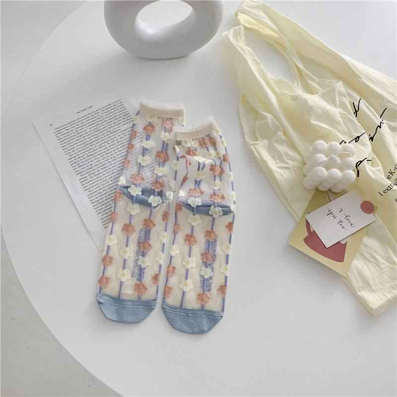 Retro Personality Breathable Glass Silk Bright Color Socks with fun dot pattern and packaging.