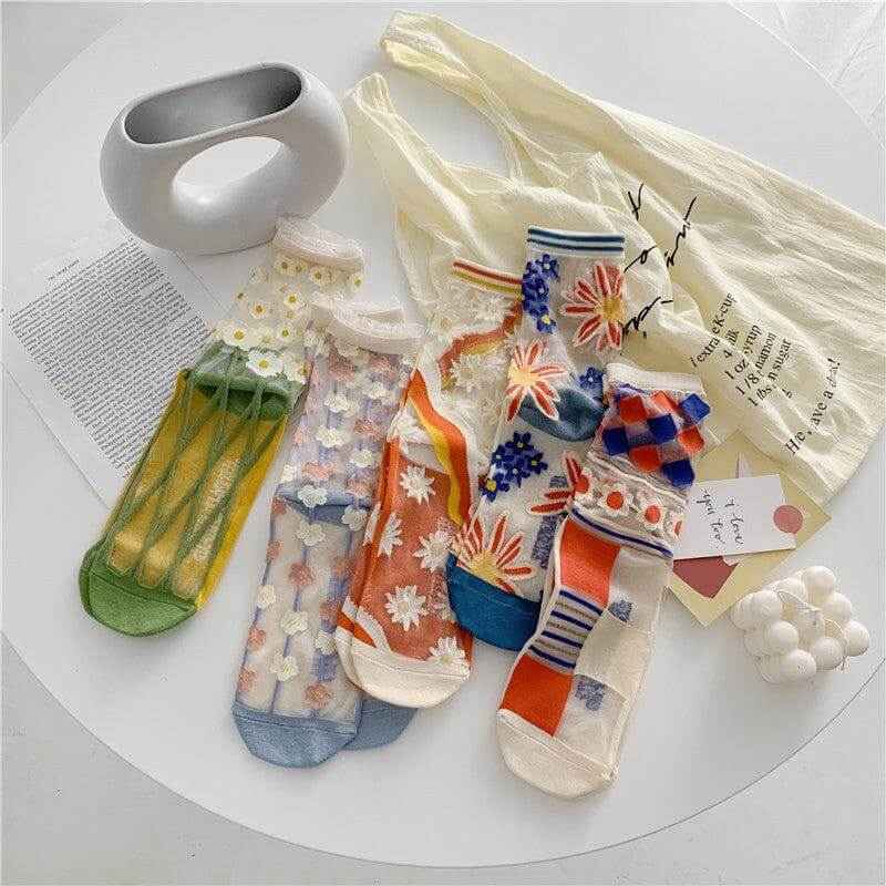 Retro Personality Breathable Glass Silk Bright Color Socks with fun dot patterns on a table, showcasing multiple eye-catching colors and styles.