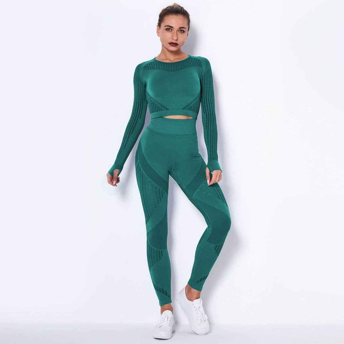 Seamless Knitted Absorbent Yoga Long-Sleeved Suit in green with stripe pattern and Lycra lining.