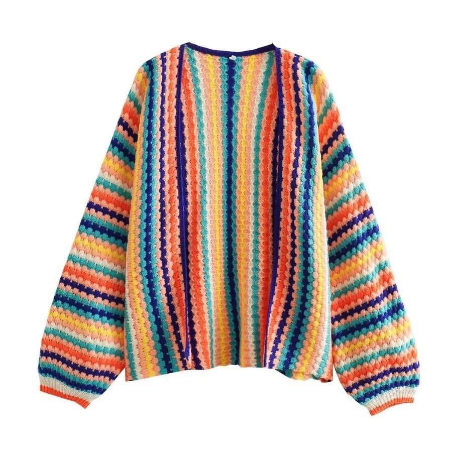 Rainbow long sleeve wide Songou Meibo sweater with colorful stripes and loose fit.