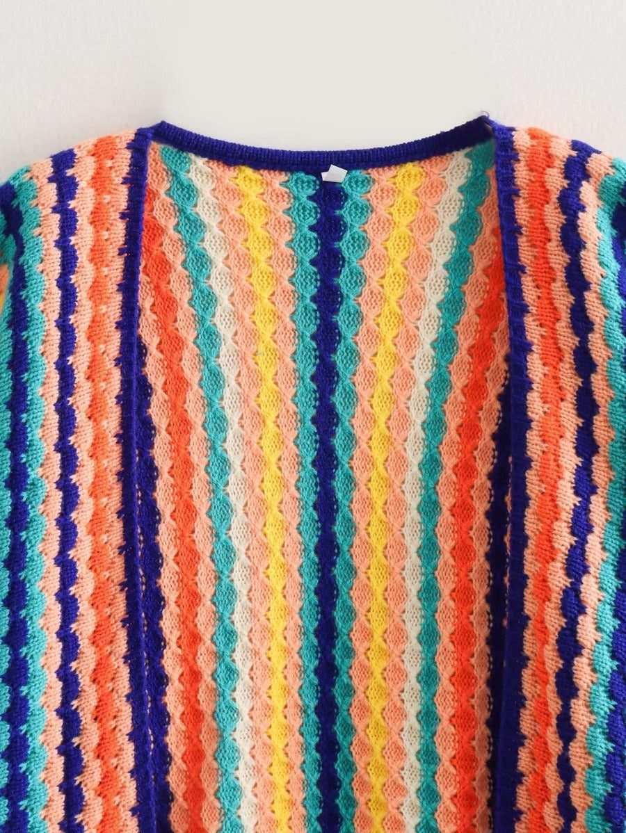 Rainbow long sleeve wide Songou Meibo sweater with colorful pattern, loose fit, and contrast trim.