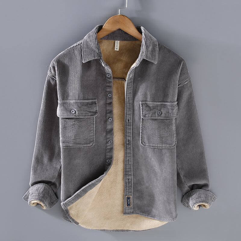 Men's fleece lined padded warm keeping casual coat shirt in gray corduroy.