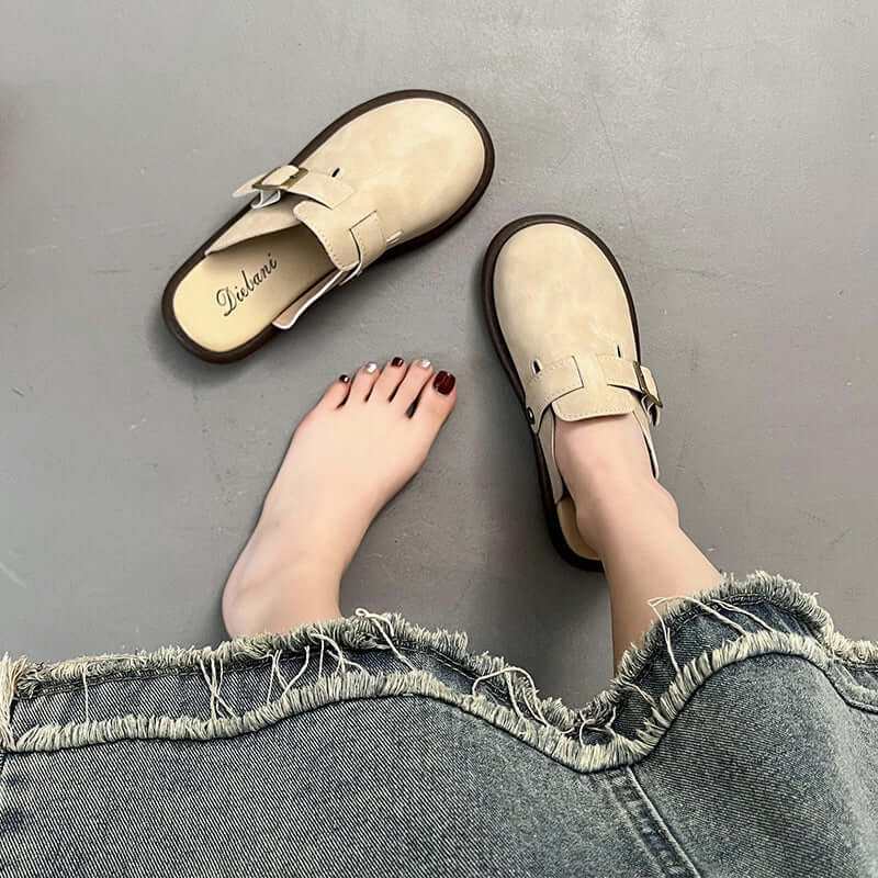 Women's suede round toe slip-ons, comfortable flats.