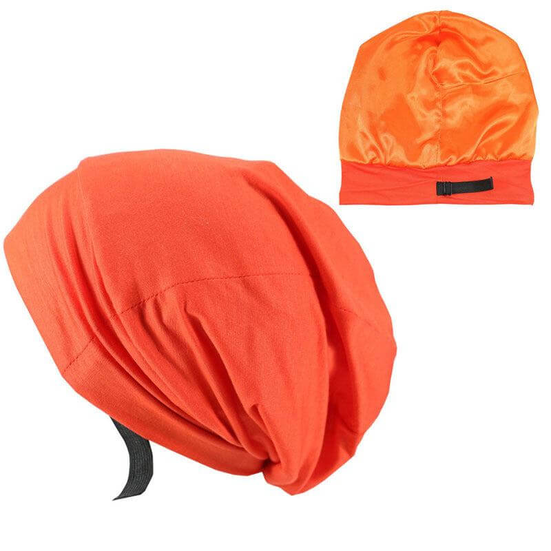 Autumn adjustable satin lined hood hat in orange.