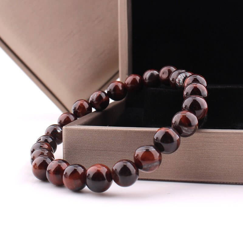 Vintage style 8mm red tiger eye bracelet with agate beads in jewelry box.