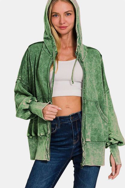 Zenana Acid Washed French Terry Zip-Up Hoodie with Pockets in green shade.