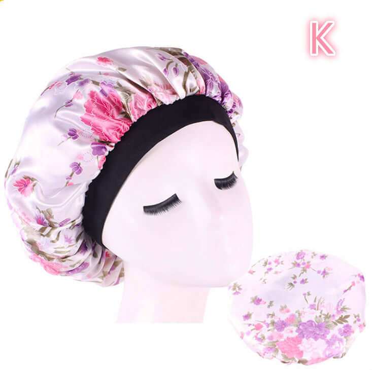 Beauty print Satin silk Bonnet sleep night cap with floral design for smooth, healthy hair.