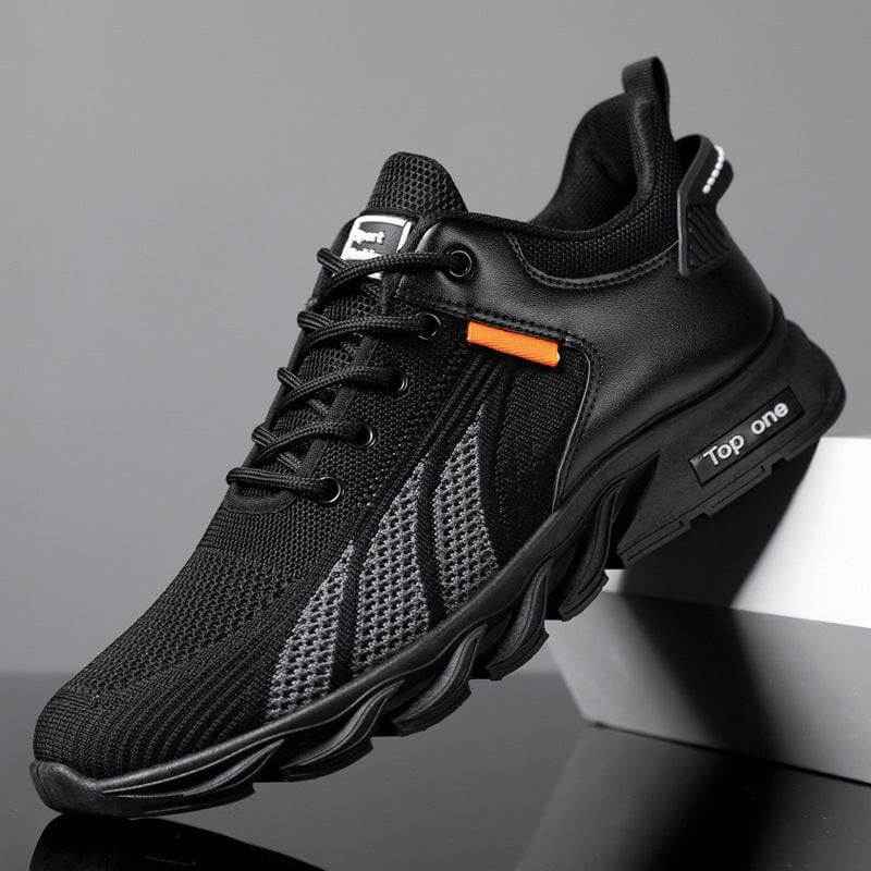 Men's mesh fashion fly knit sneakers in black, color-block design, lace-up, lightweight and breathable.