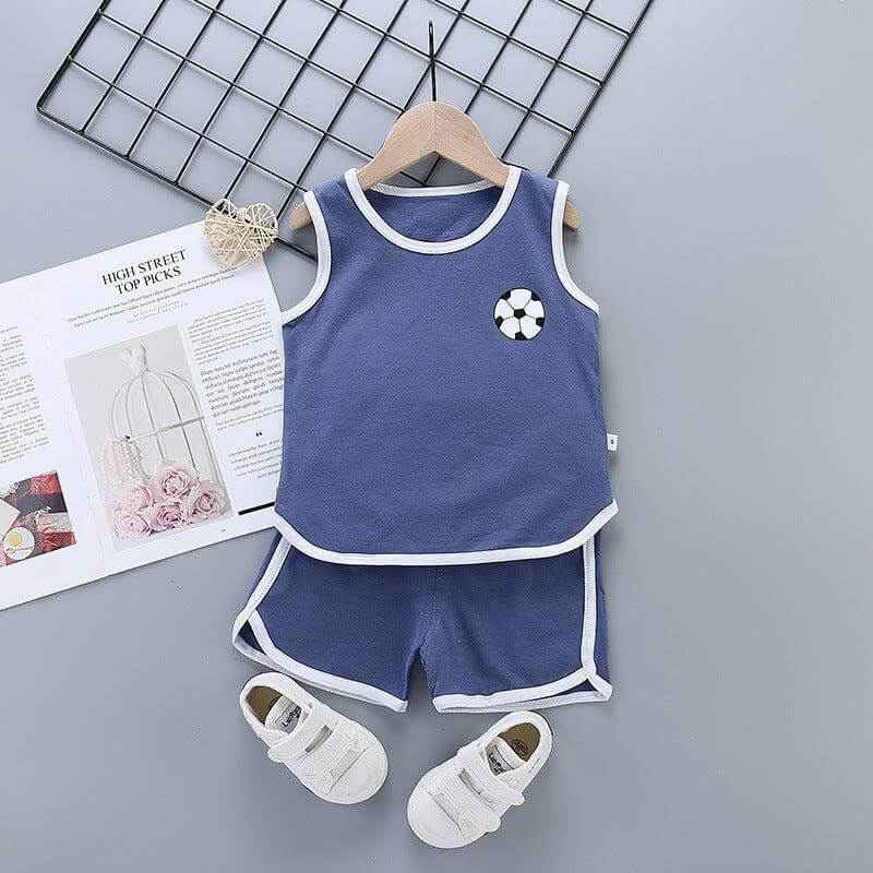 Pure cotton boys and girls suit with sleeveless top and shorts, featuring cartoon patterns and pullover style, perfect for summer.