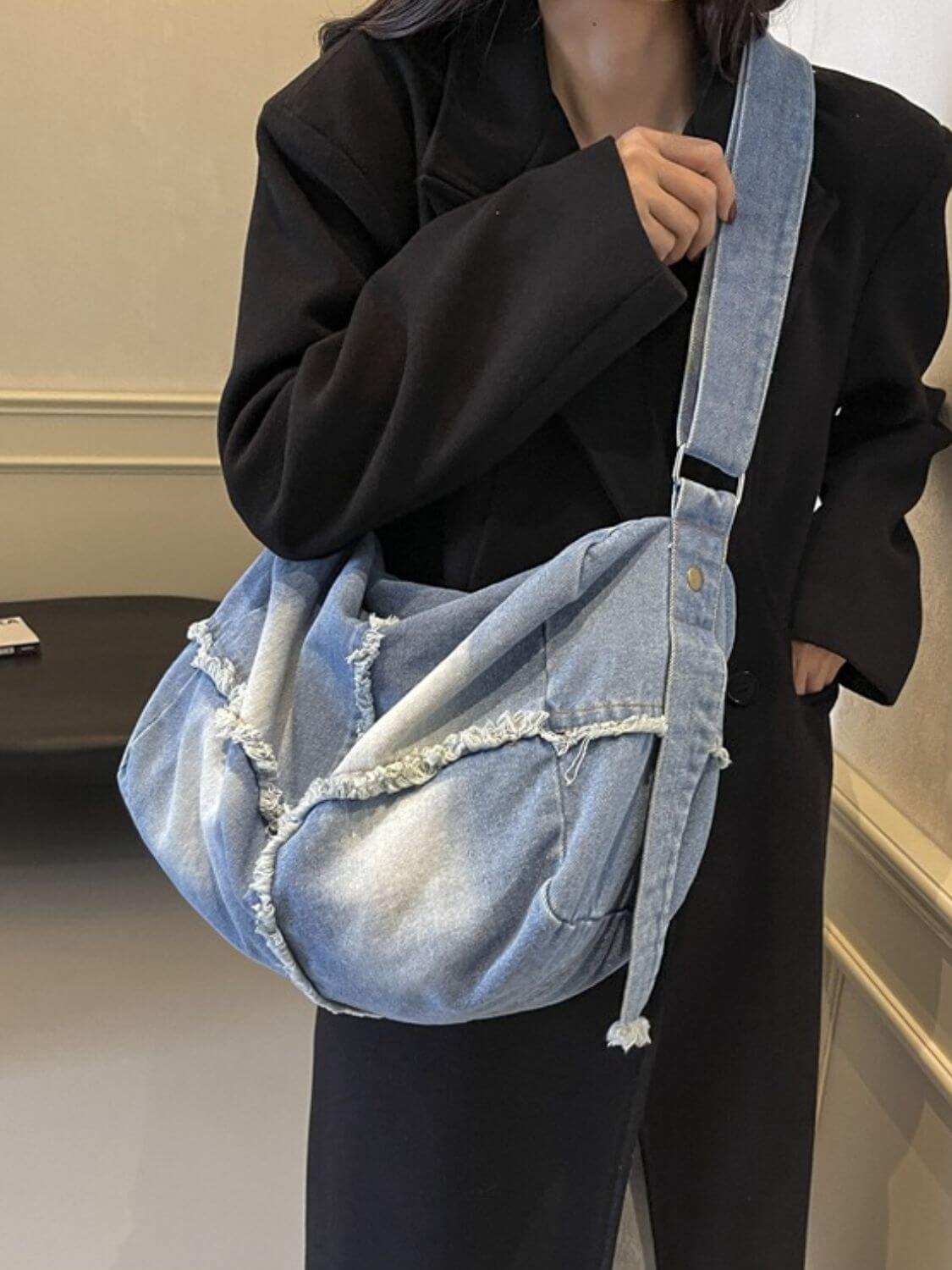 Raw Hem Gradient Crossbody Bag in high-quality denim with spacious interior, perfect for women.