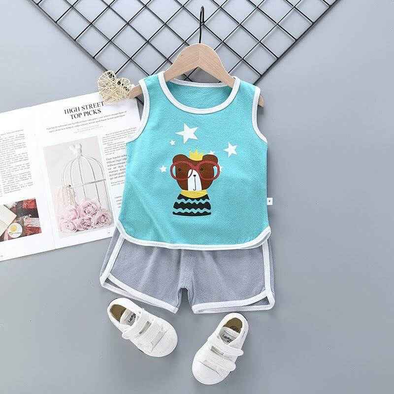 Pure cotton boys and girls suit with animal cartoon pattern, sleeveless top, and shorts set.