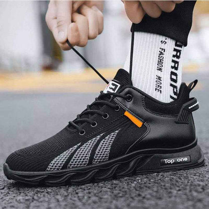 Men's mesh shoes, black with color-block design, lace-up, lightweight and breathable sneakers.