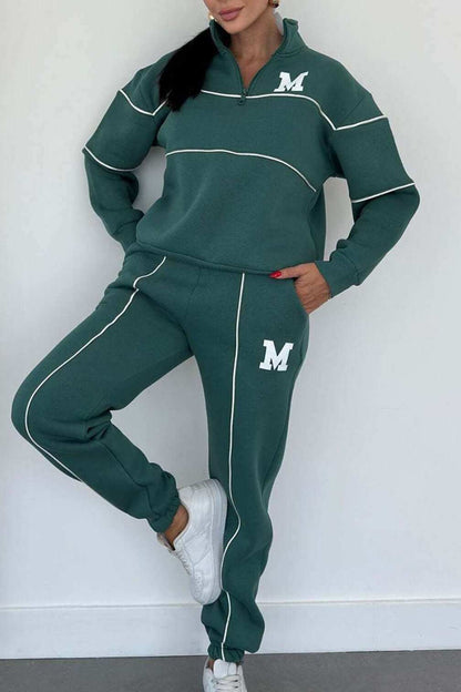 Women's fashion hoodless pullover sweatsuit set with stripes and pockets, chic loungewear.