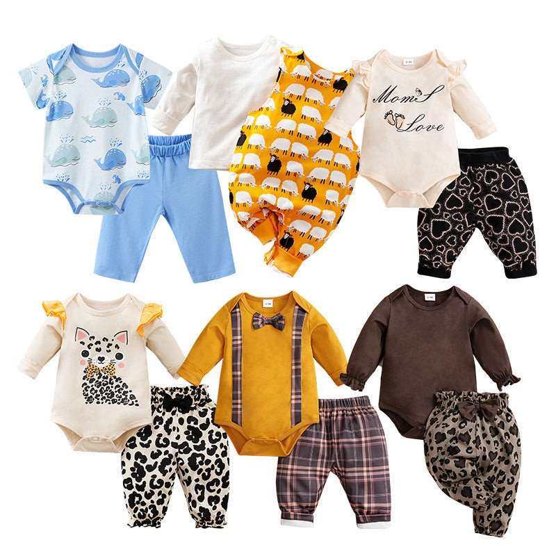 Baby overalls two-piece suit for infants and toddlers, soft cotton fabric, gift box includes shirt and pants.