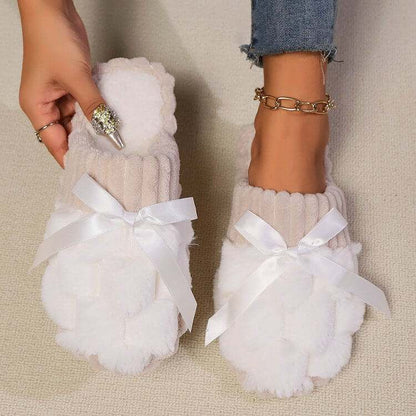 Bow Trim Contrast Slippers with ribbon detail and cozy design.