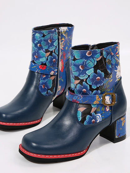 Women's  Leather Flower Block Heel Boots