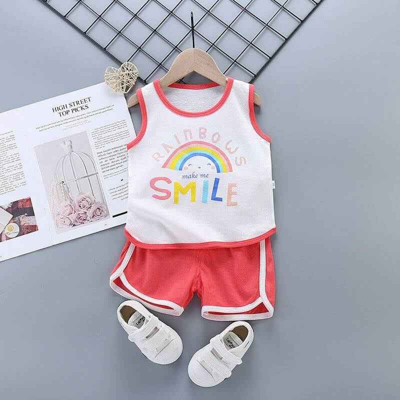 Pure cotton rainbow print children's sleeveless summer outfit with shorts.