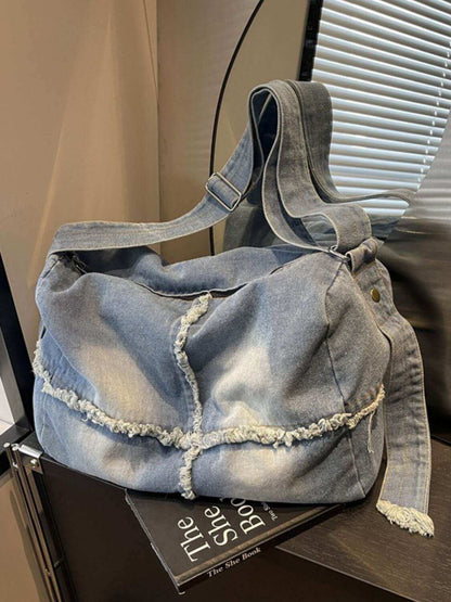 Raw Hem Gradient Crossbody Bag for women made of denim with spacious interior.