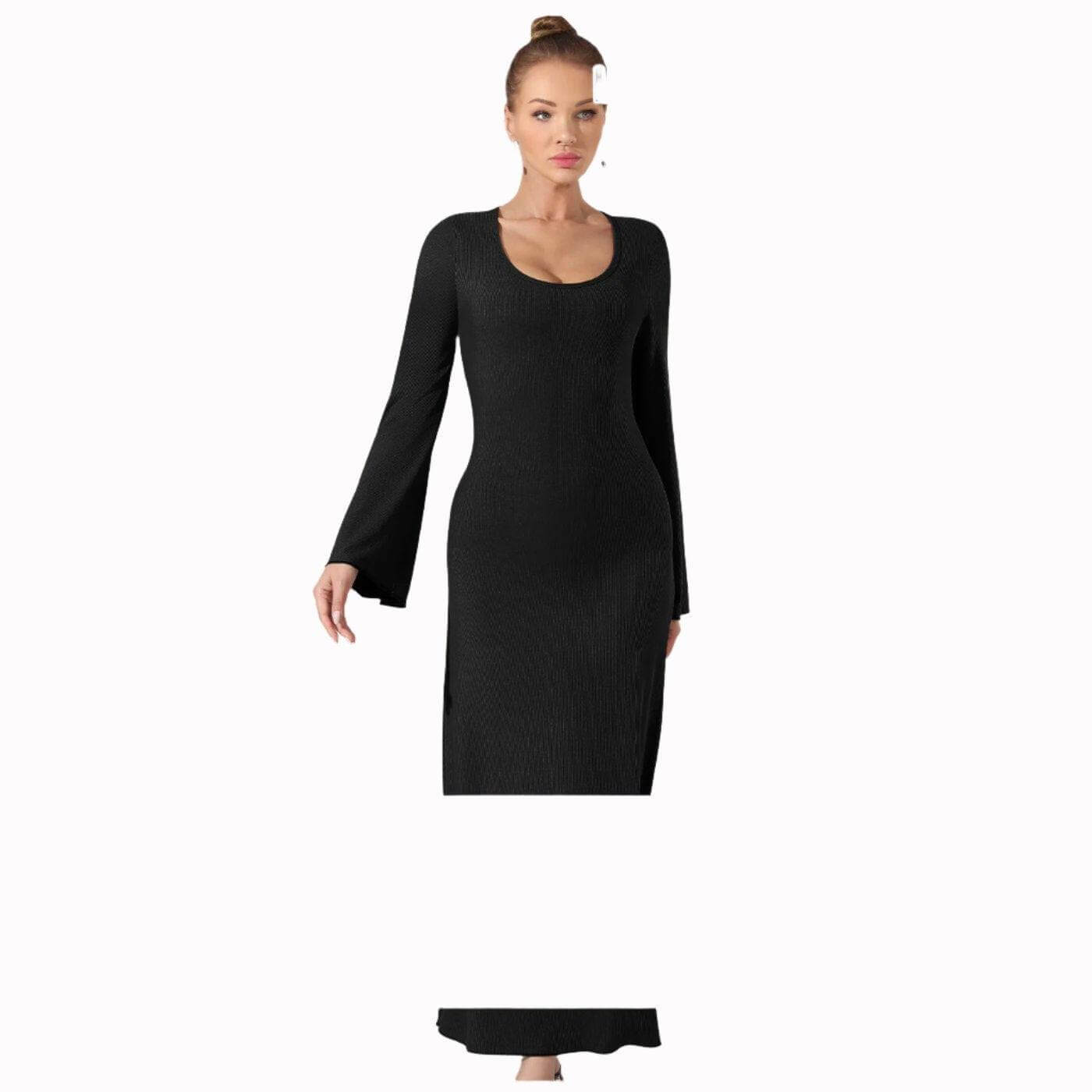 Fashion simple solid color dress in black, long sleeves, perfect for any occasion.