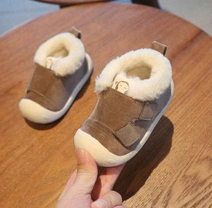 Toddler shoes with velvet and cotton, non-slip soles, in brown.