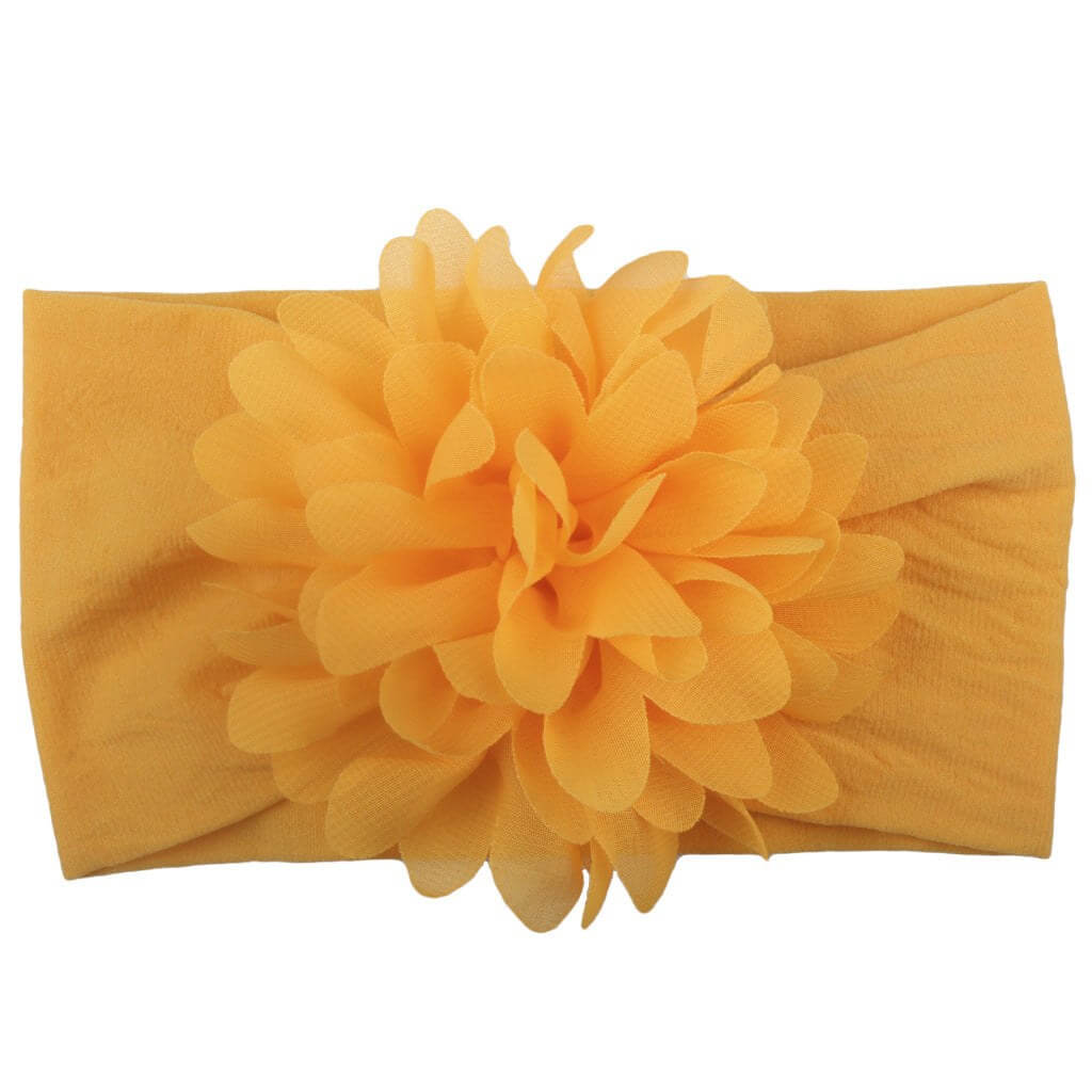 Yellow chiffon flower baby headband, vibrant hair accessory.