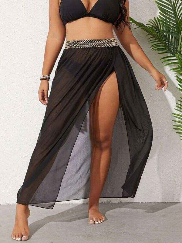 Plus size breathable mesh split beach skirt for women in solid color, sizes XL-5XL.