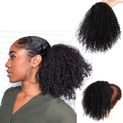 Women's African Drawstring Stretch Small Curly Wig in black, 8-inch length, side and back views.