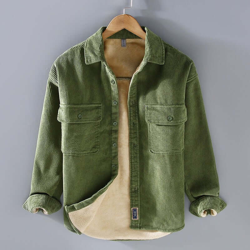 Men's green fleece lined padded casual coat shirt in thick corduroy fabric.