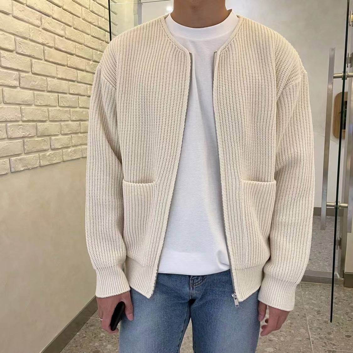 Men's knitted lined funnel neck sweater with zipper, beige, casual style.