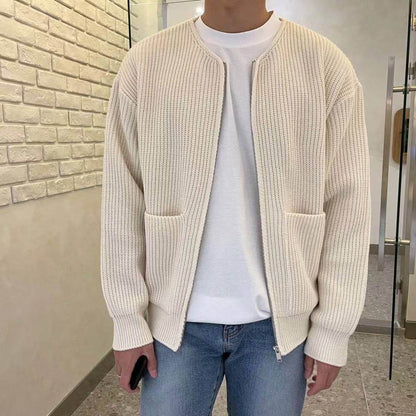 Men's knitted lined funnel neck sweater with zipper, beige, casual style.