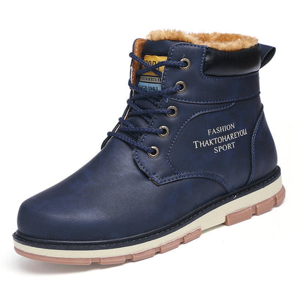 Fashion Military Boots High-Top Tooling Shoes for Men, waterproof and warm with flat heel and car suture detailing.