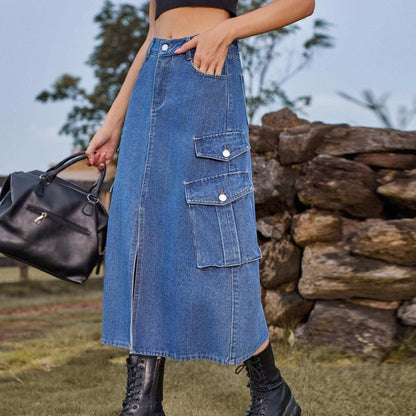 Women's denim cargo casual skirt with front pockets, styled for street fashion.