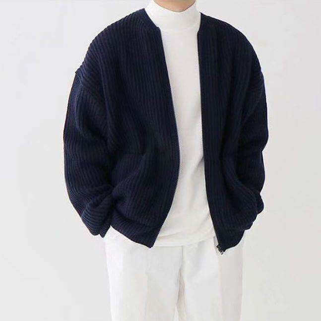 Men's knitted zip up sweater with funnel neck, stylish and comfortable.